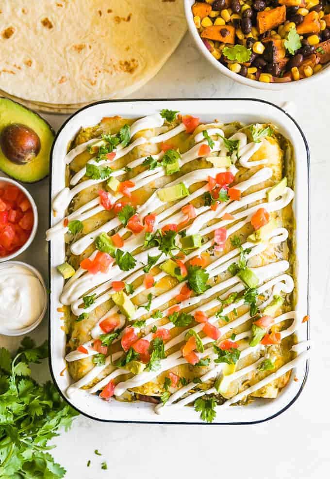 overhead picture of healthy chicken enchiladas recipe with sweet potato