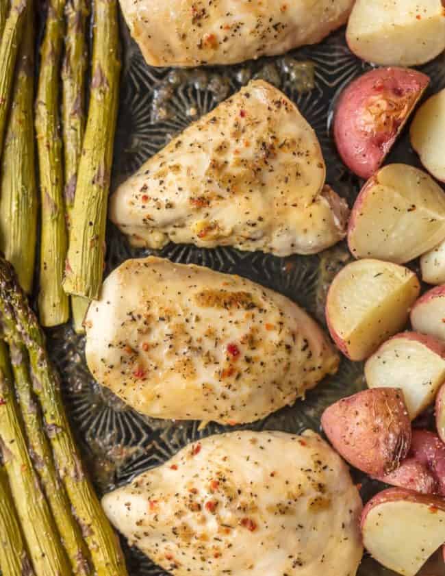 Honey Garlic Chicken and Veggies is the ultimate ONE PAN CHICKEN weeknight meal. It's an easy go-to when you need something delicious and simple. The Honey Garlic Chicken with asparagus and potatoes is a full, well-balanced meal all in one pan. And bonus, there's only one sheet pan to clean!