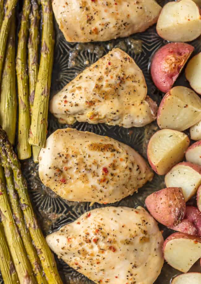 Honey Garlic Chicken and Veggies is the ultimate ONE PAN CHICKEN weeknight meal. It's an easy go-to when you need something delicious and simple. The Honey Garlic Chicken with asparagus and potatoes is a full, well-balanced meal all in one pan. And bonus, there's only one sheet pan to clean!