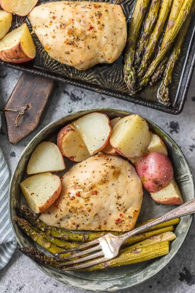 up close picture of honey garlic chicken with asparagus and potatoes