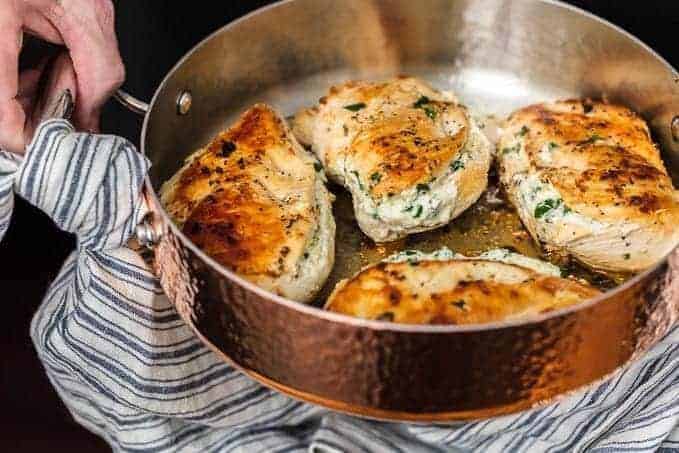 easy stuffed chicken breast recipe in skillet