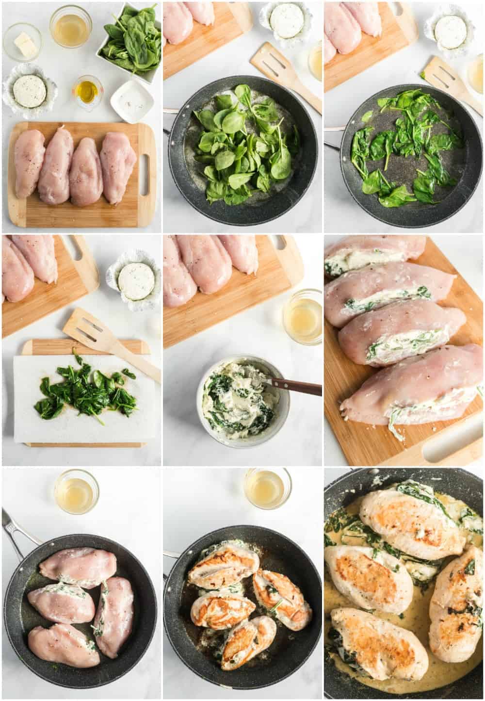 step by step collage of 9 photos making the spinach stuffed chicken breast