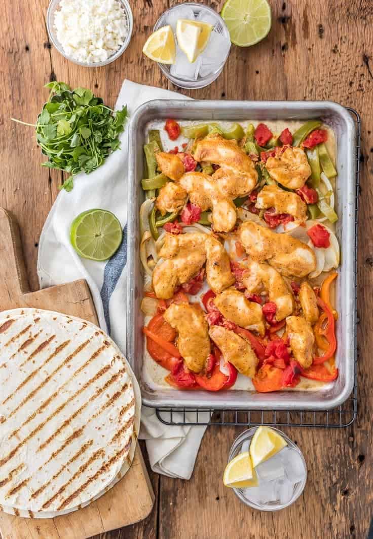 healthy chicken fajitas on sheet pan. baked fajitas