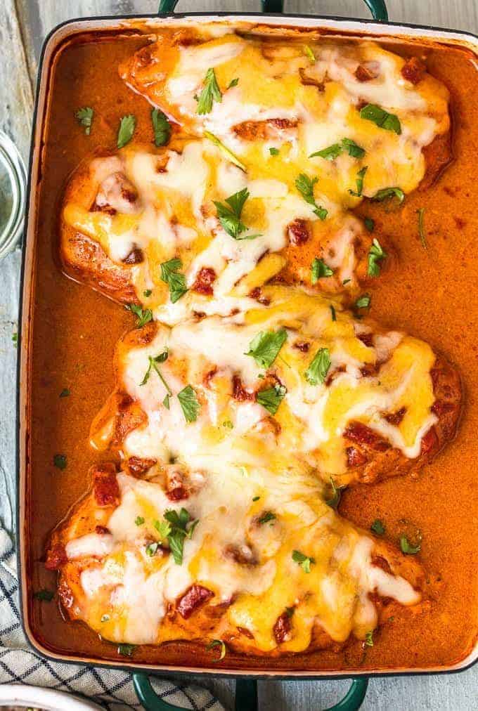 cheesy southwest baked chicken recipe in pan