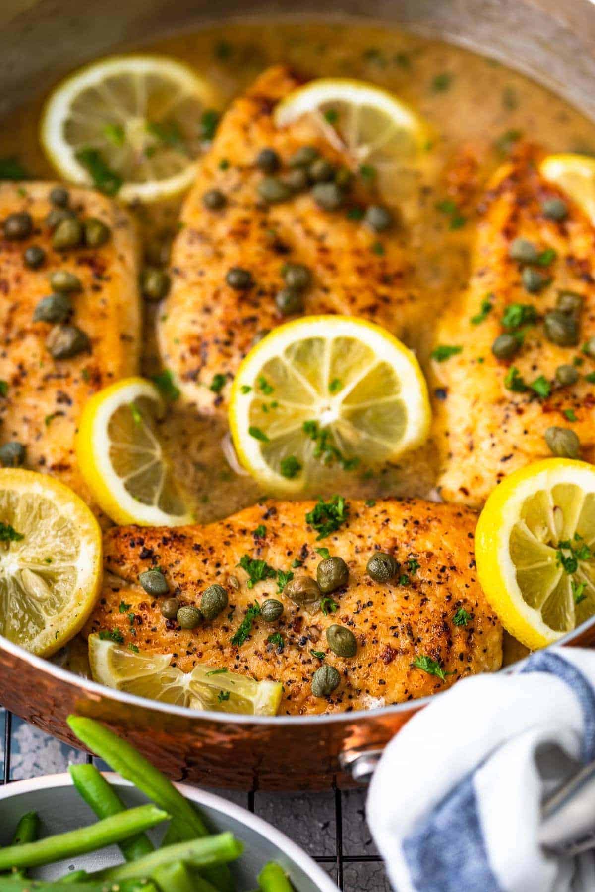 up close shot of easy chicken piccata in lemon sauce