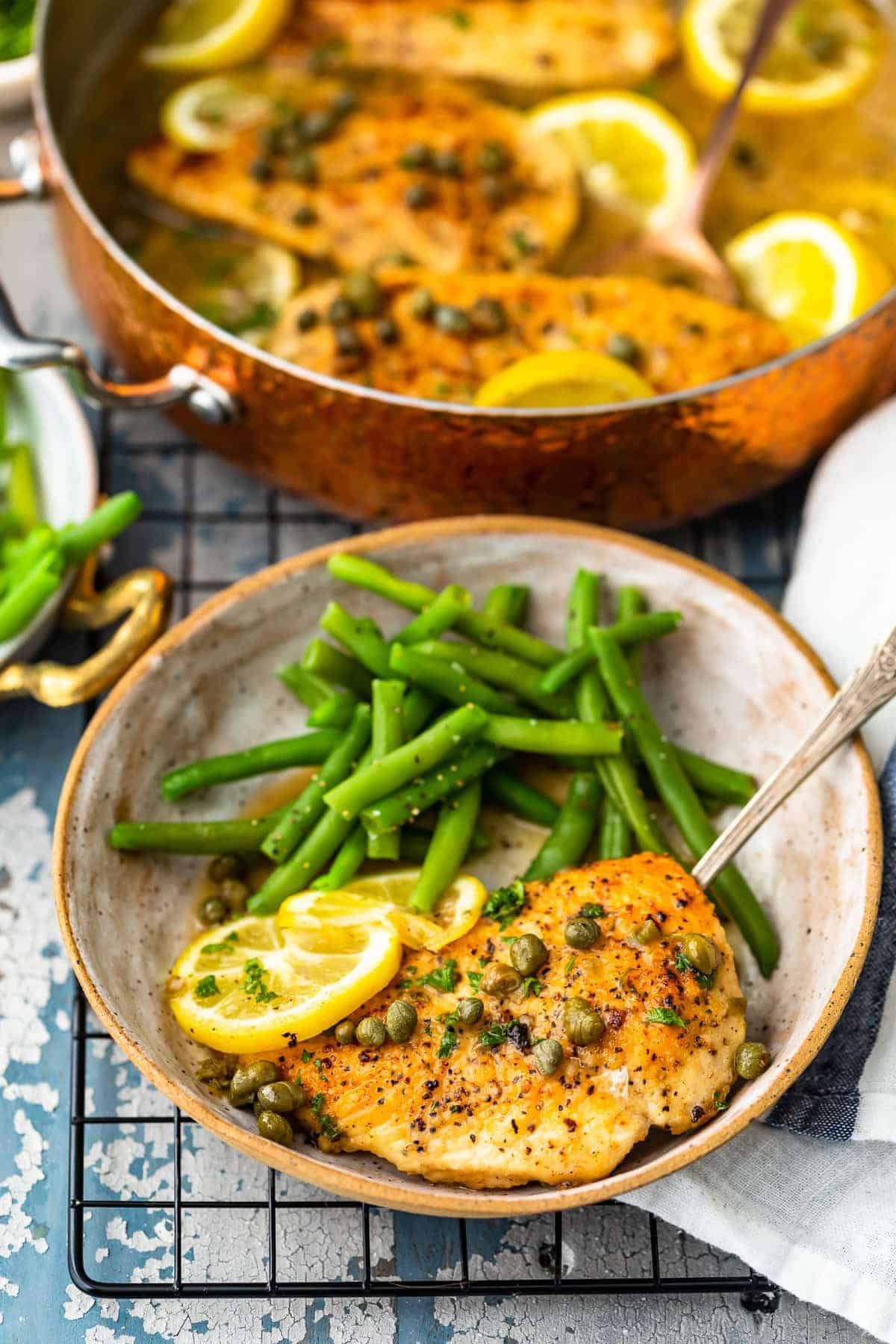 Plated Easy Chicken Piccata with lemon sauce and capers