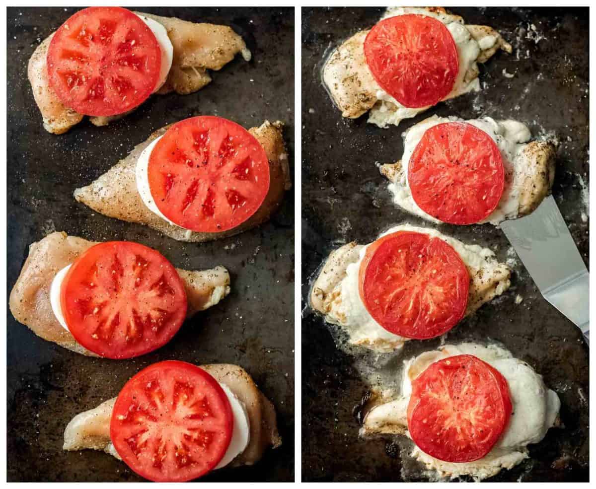 cooking sheet pan chicken breasts topped with tomatoes and mozzarella