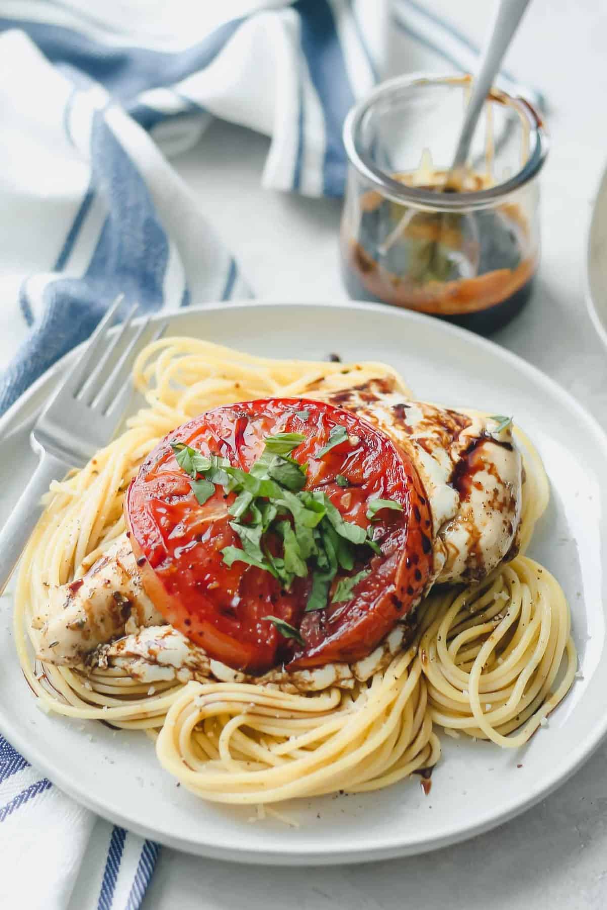 easy caprese chicken dinner with spaghetti
