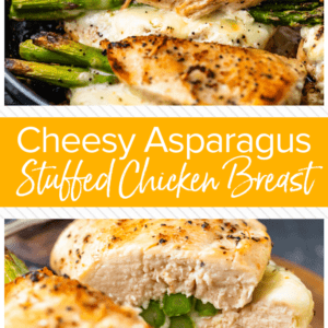 Cheesy Asparagus Stuffed Chicken Breast is the BEST Stuffed Chicken Recipe we have ever made! Tender chicken loaded with two types of cheese (goat cheese and mozzarella) and asparagus just can't be beat. The flavor is out of this world! Chicken and Asparagus for the win.