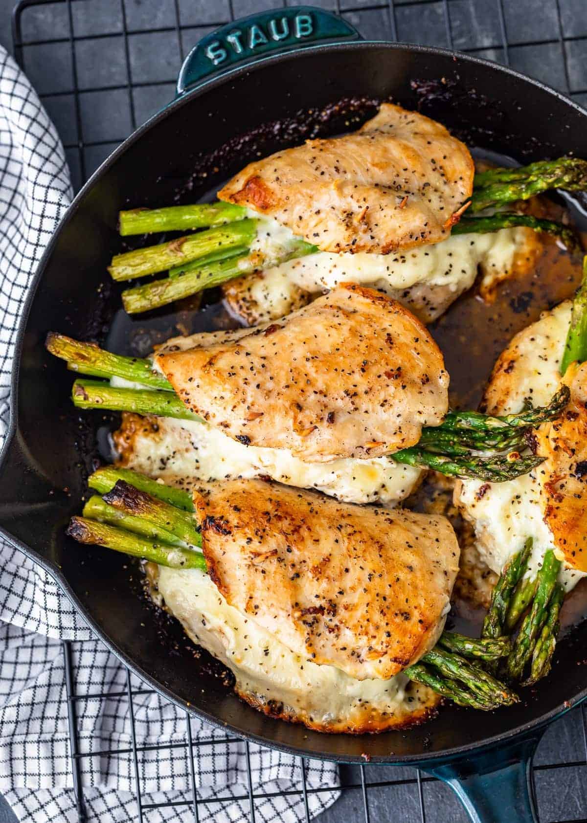 overhead shot of Asparagus Stuffed Chicken Breast in skillet
