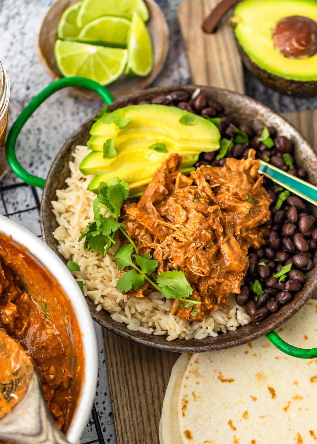 easy chicken mole with rice and black beans on plate