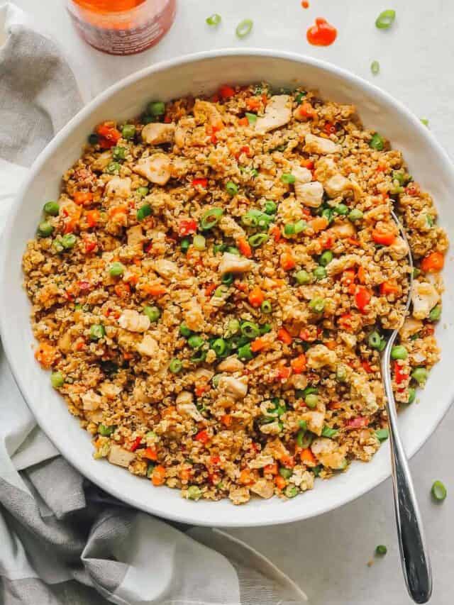 Flat lay photo of the Quinoa Chicken Fried Rice on a white serving dish.
