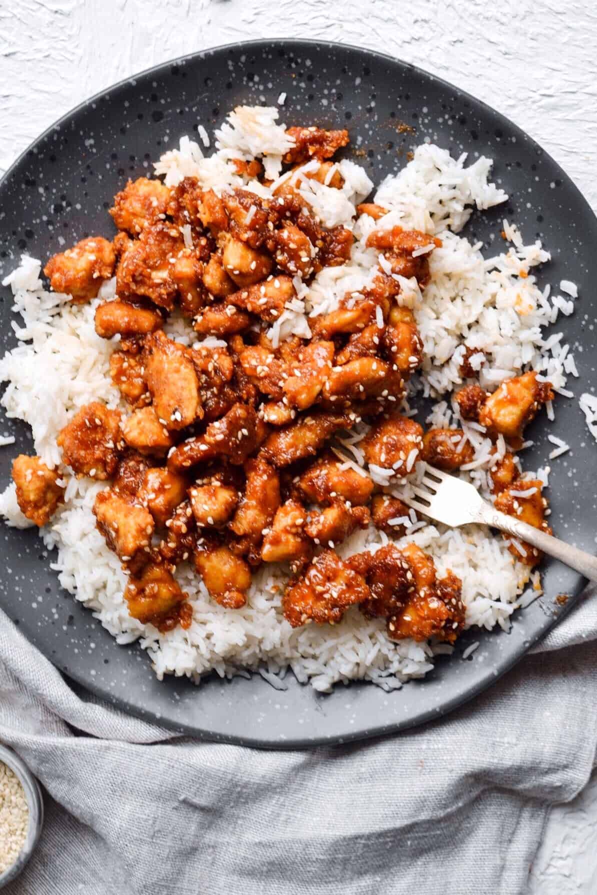 Honey Sesame Chicken on rice