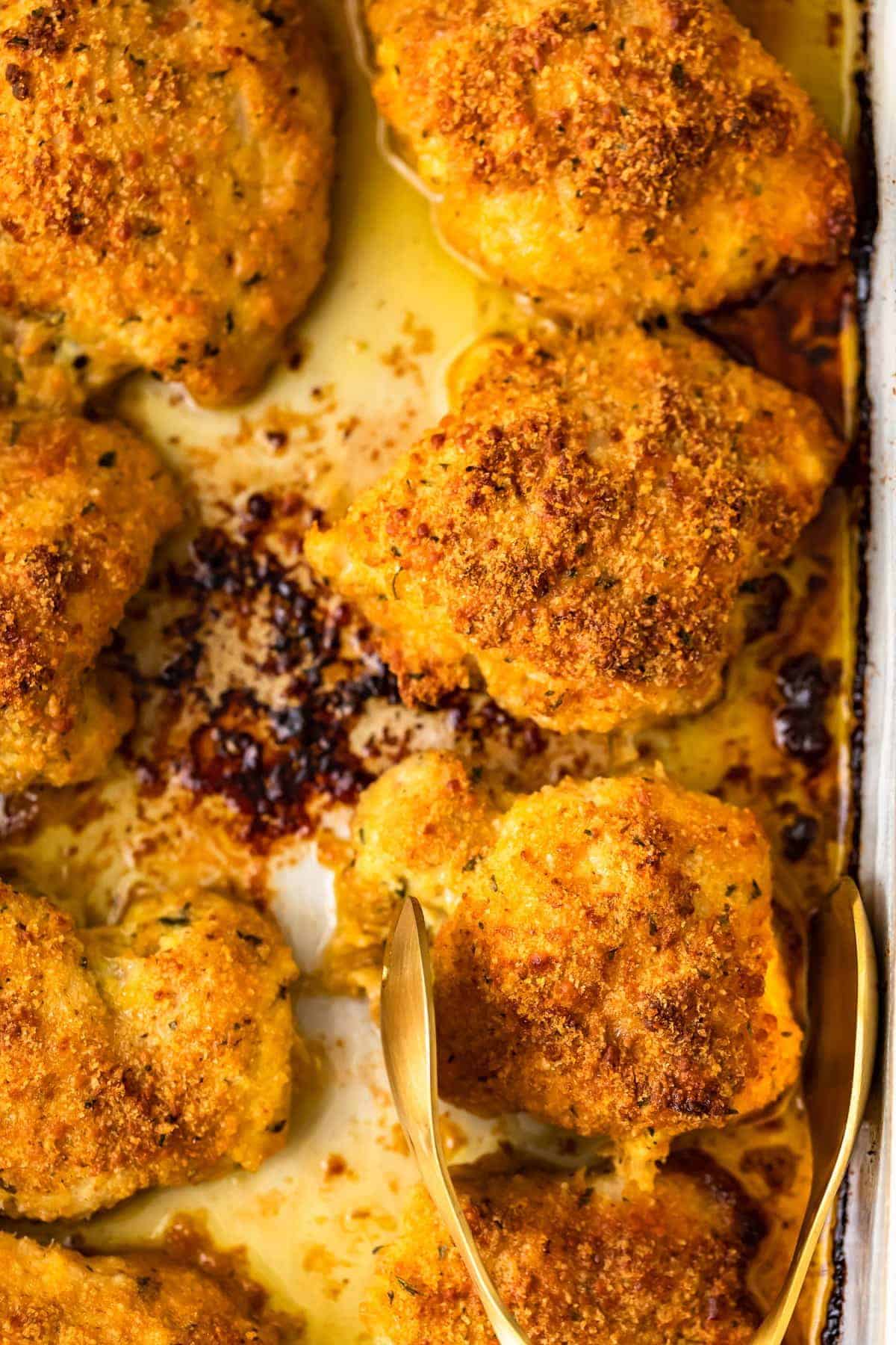 oven fried parmesan chicken overhead shot in baking dish