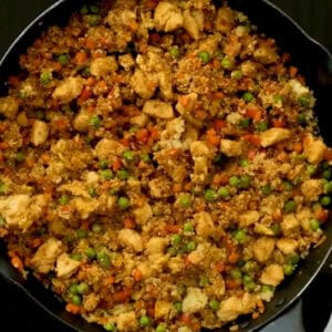 quinoa chicken fried rice in a pan.