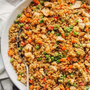 cropped overhead view of a serving bowl filled with quinoa chicken fried rice.