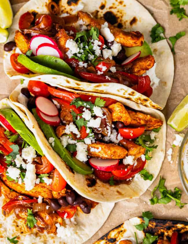 overhead view of blackened chicken tacos