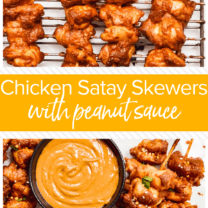 pinterest image for chicken satay skewers with peanut sauce