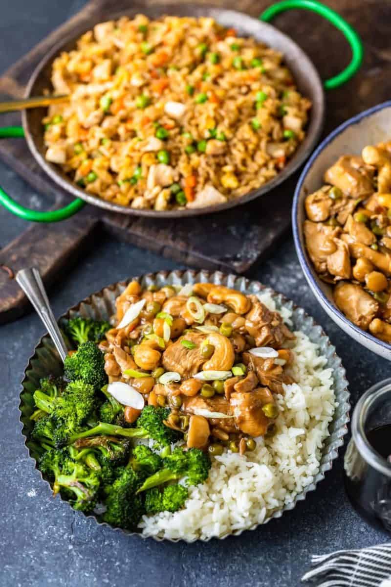 Cashew chicken served with rice and broccoli