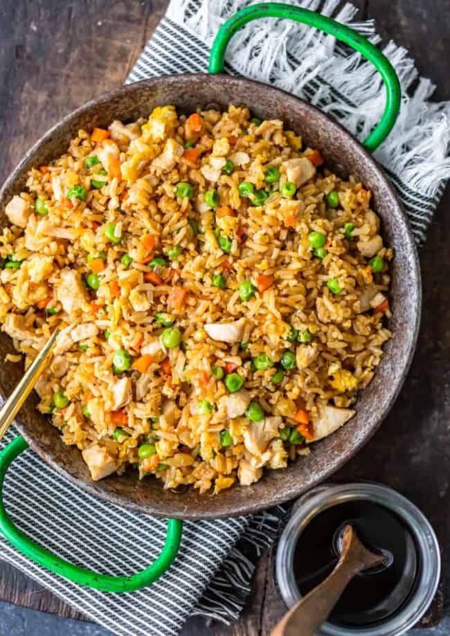 Homemade Chicken Fried rice on a work bench in a pan