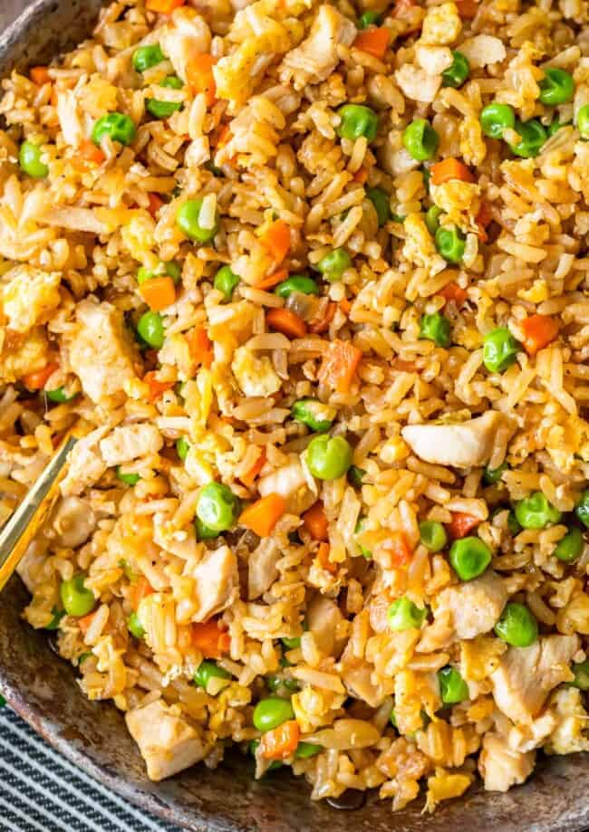 Close up of homemade chicken fried rice in a pan
