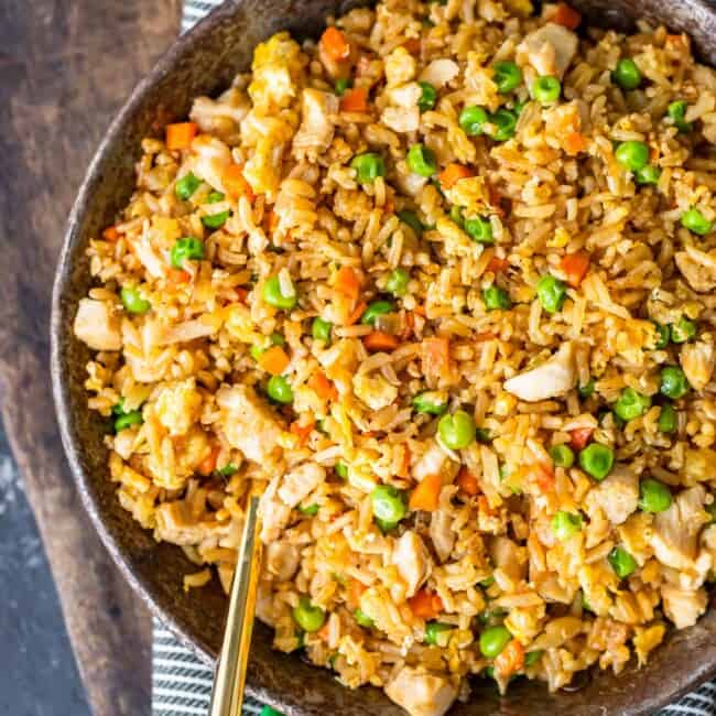 Top down shot of homemade chicken fried rice in a pan
