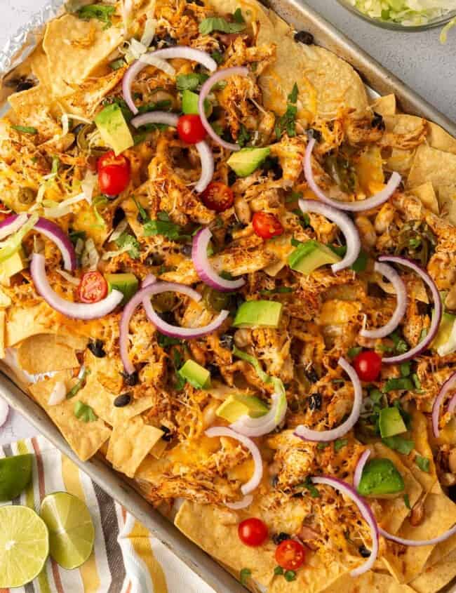 garnished sheet pan chicken nachos