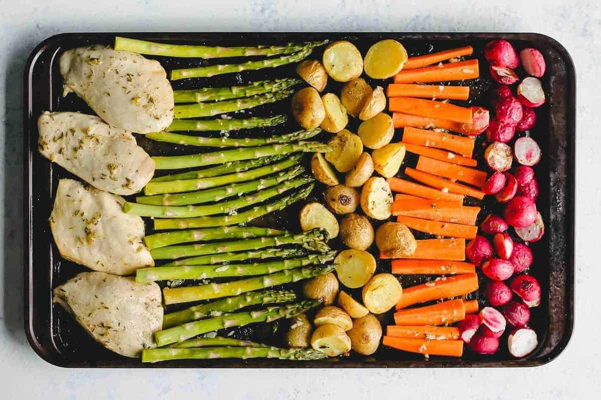 chicken and vegetables on sheet pan