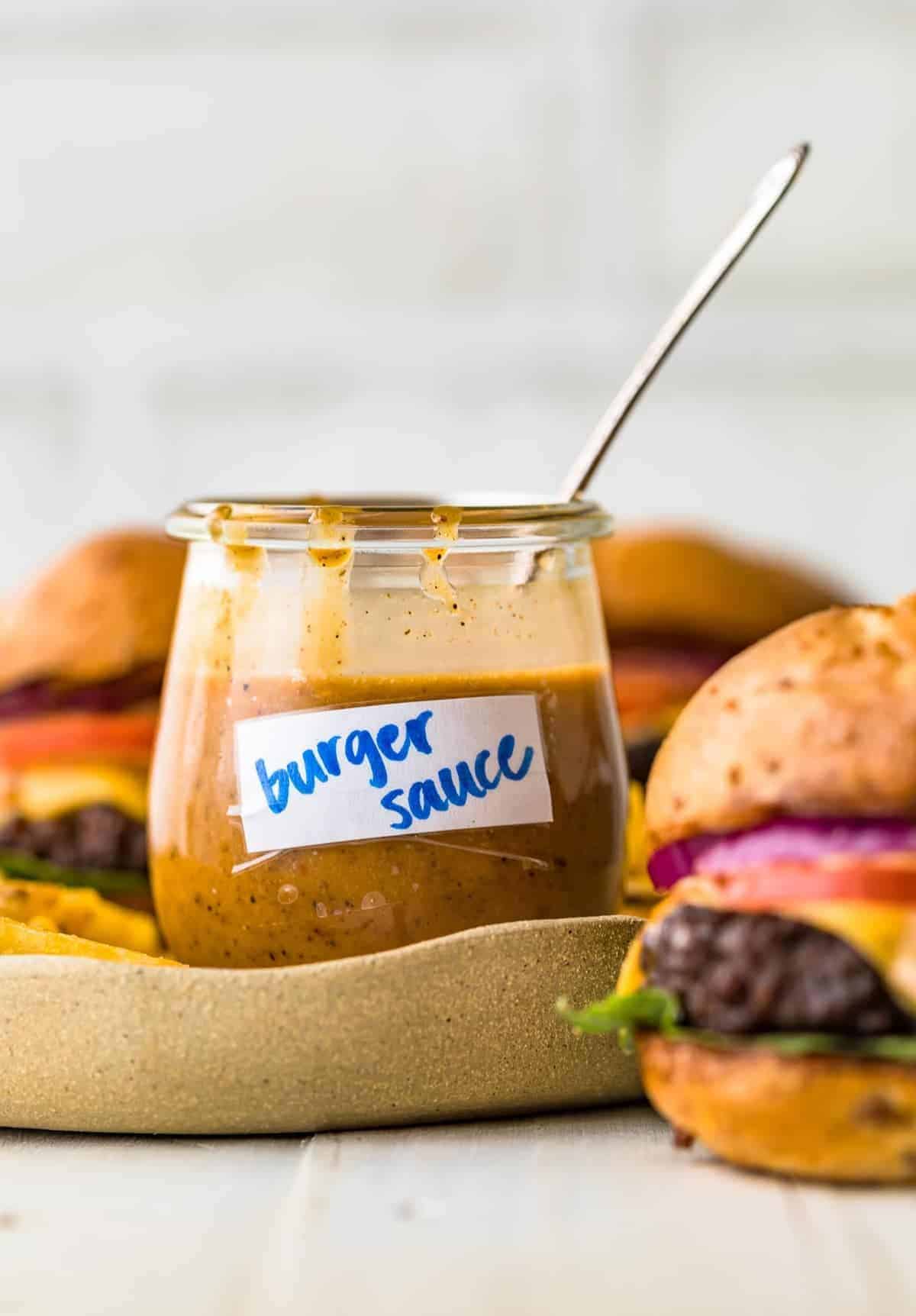 A jar of homemade burger sauce