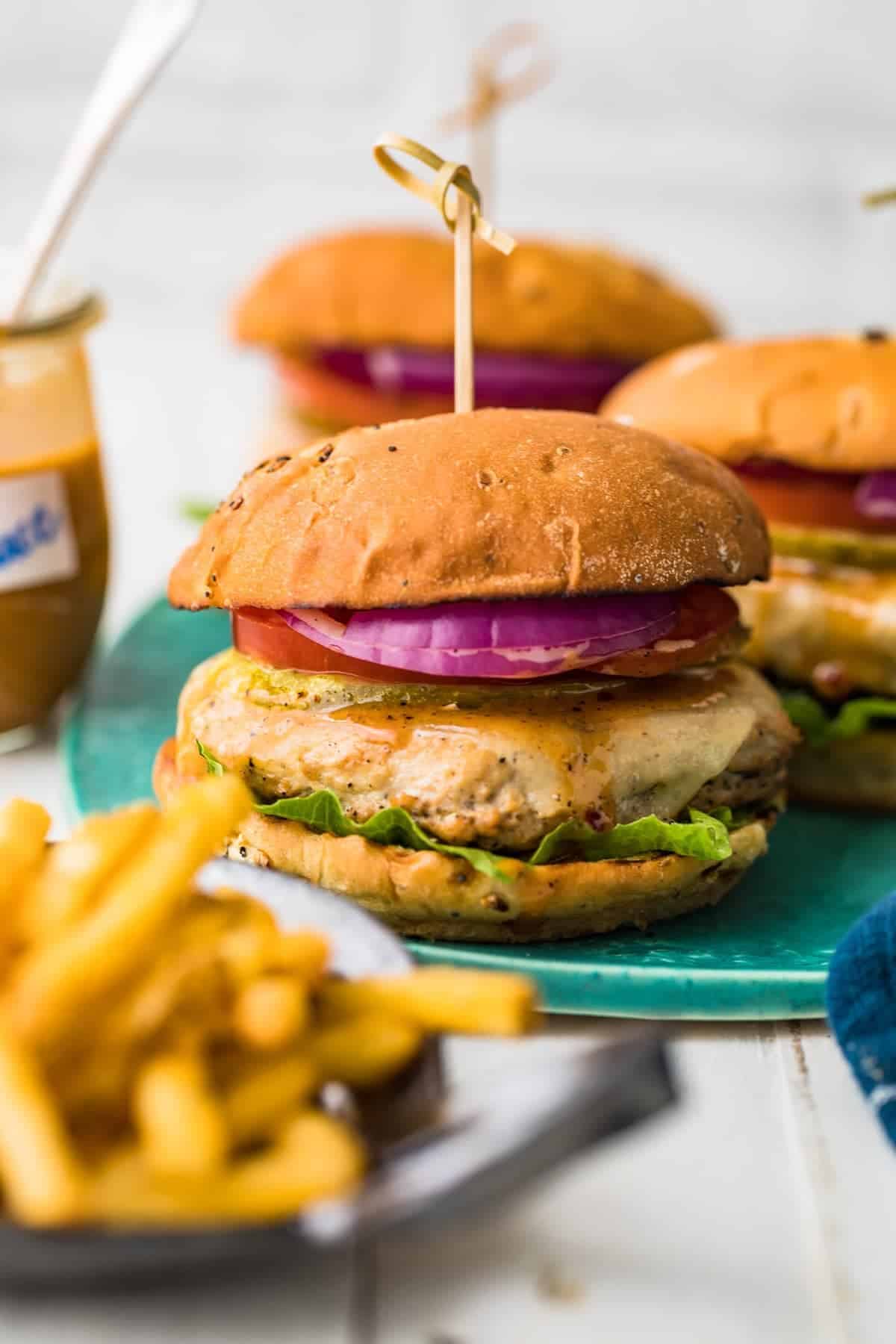 A juicy chicken burger with melted cheese