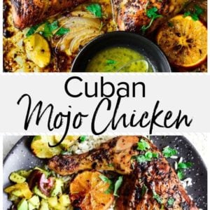 A photo featuring a plate of Cuban mojo chicken.