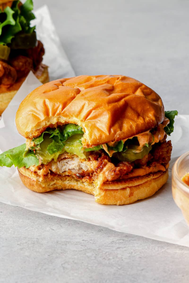 bite out of fried chicken sandwich