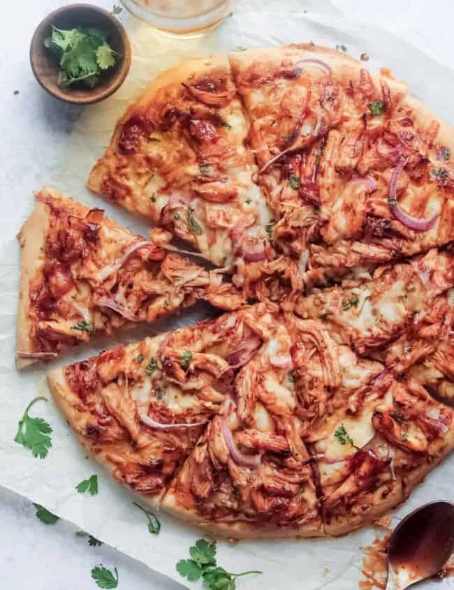 sliced bbq chicken pizza