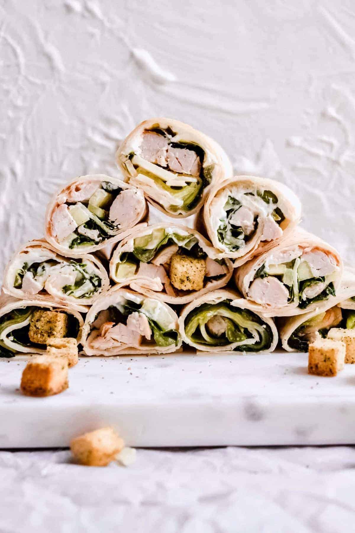 Filled wraps stacked in a pyramid