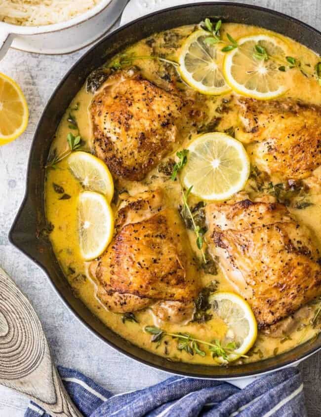 creamy lemon butter chicken in skillet