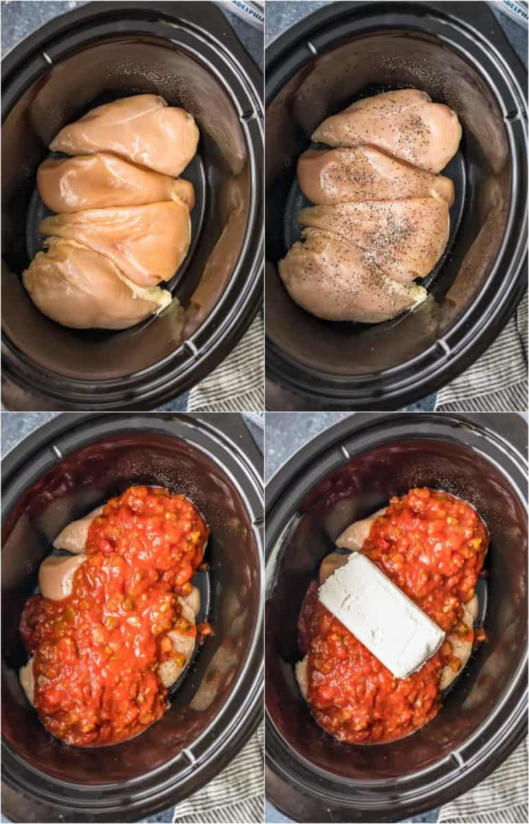 A series of photos showcasing how to prepare salsa chicken in a Crockpot.
