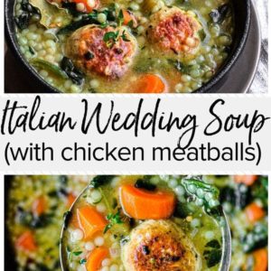 Italian wedding soup, chicken meatballs, bowl.