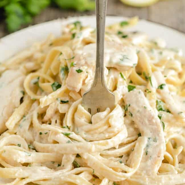 pasta tossed in alfredo sauce with chicken in a bowl