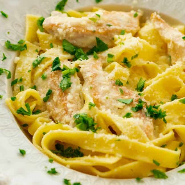 A homemade chicken Alfredo dish with parmesan.