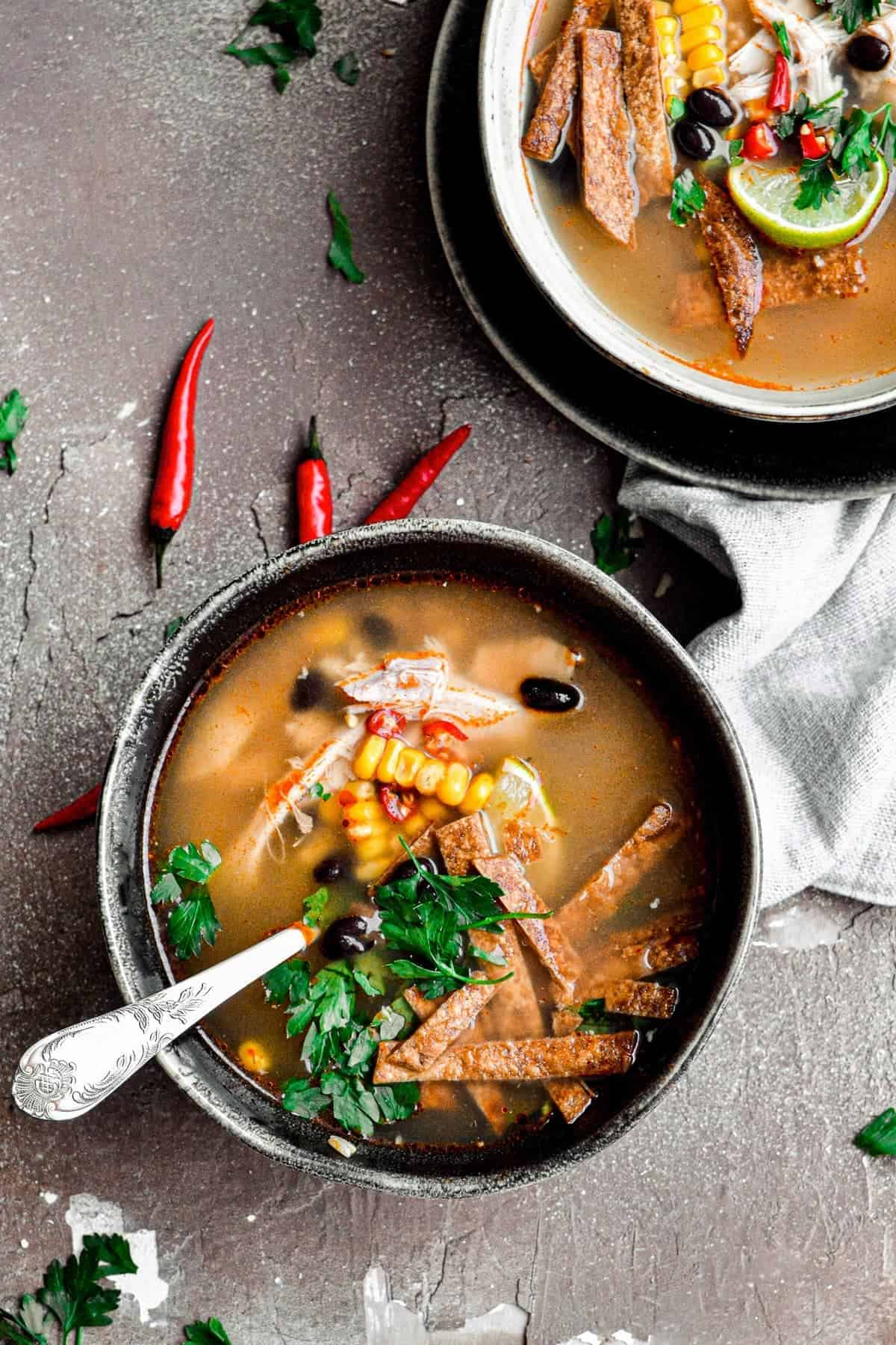 Two bowls of Chicken Tortilla Soup