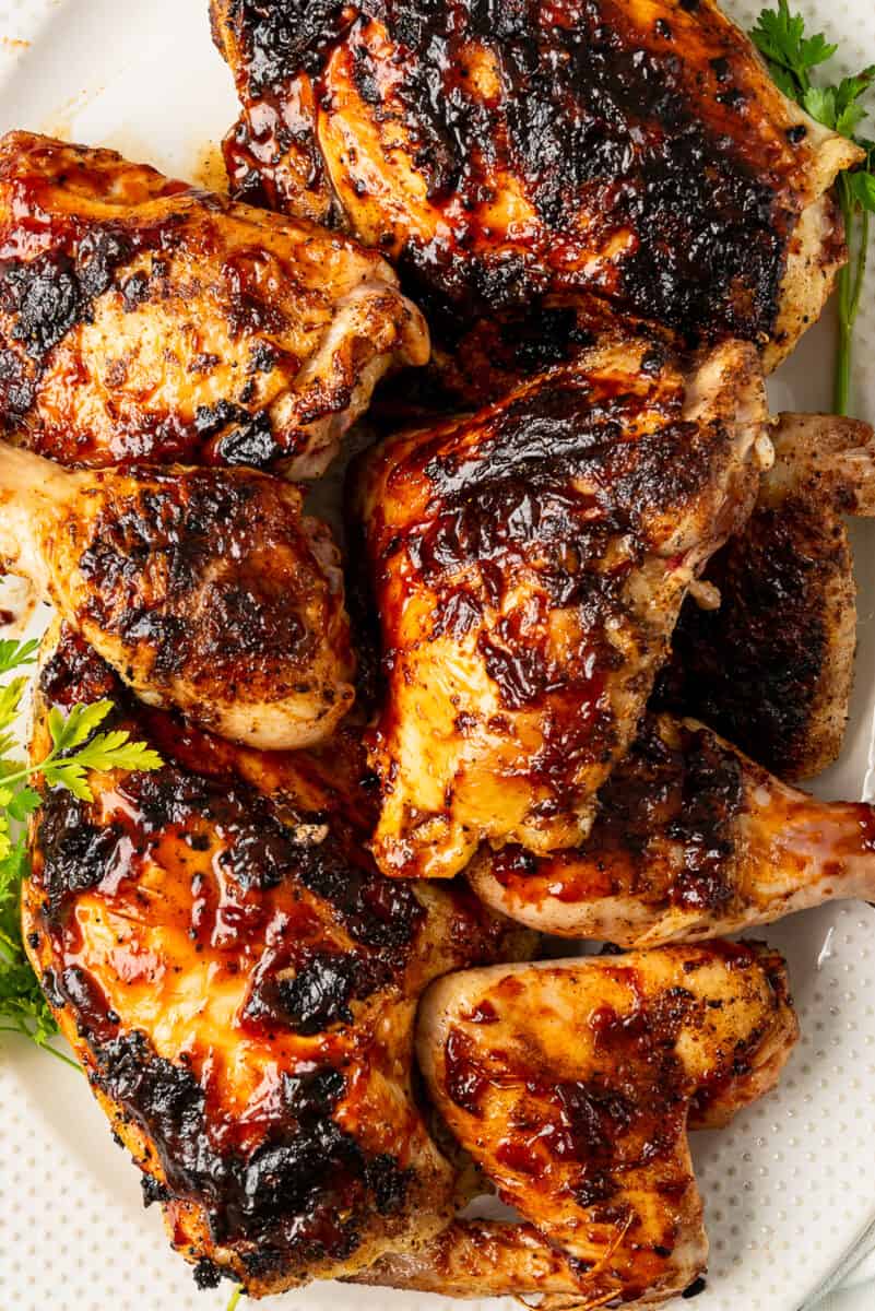 up close image of bbq chicken on platter