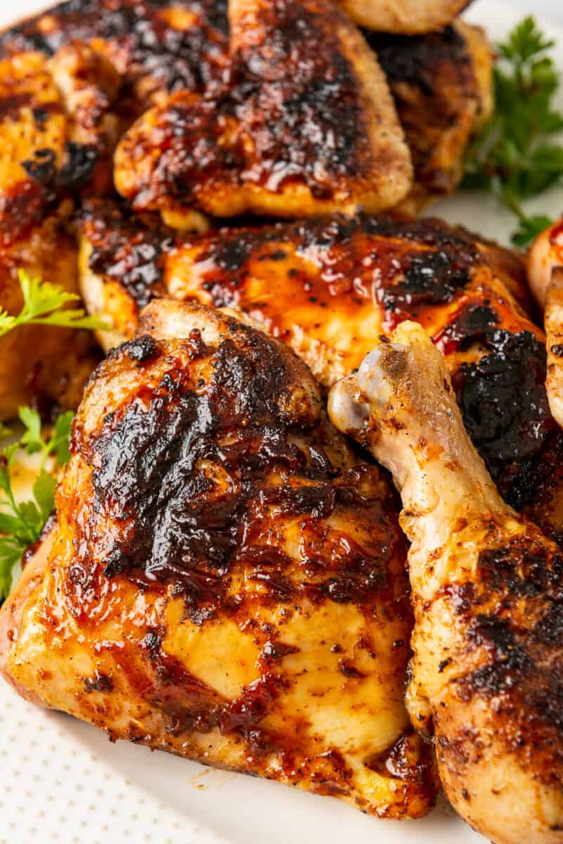 up close image of bbq chicken on platter