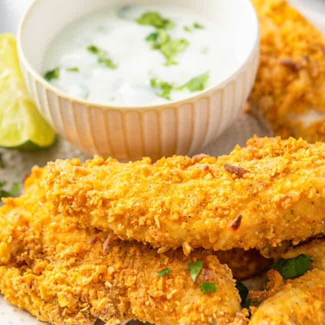 baked chicken strips next to dipping sauce