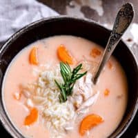 chicken and rice soup in bowls