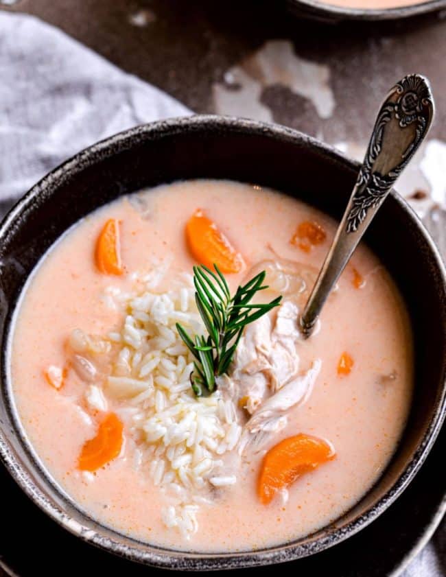 chicken and rice soup in bowls