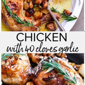 Chicken with 40 cloves of garlic cooked in a skillet.