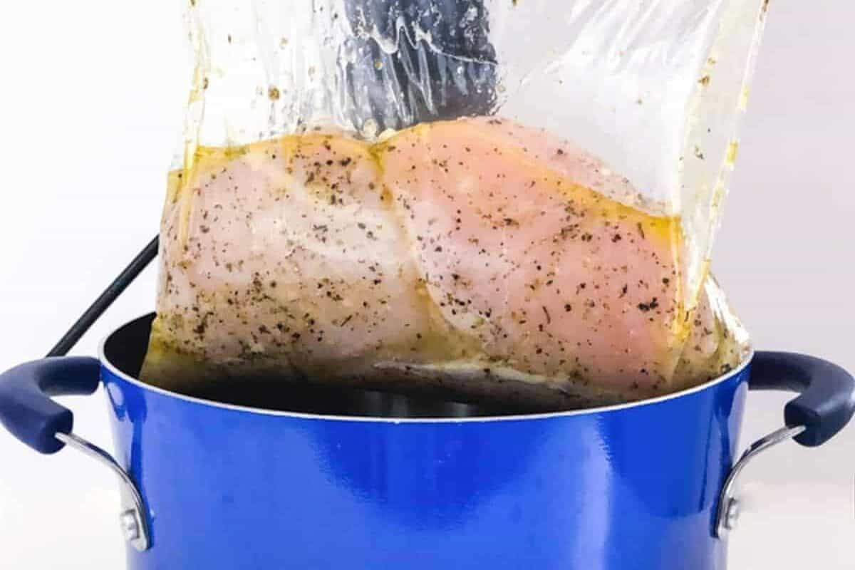 A person holds sous vide chicken breast in a blue pot.