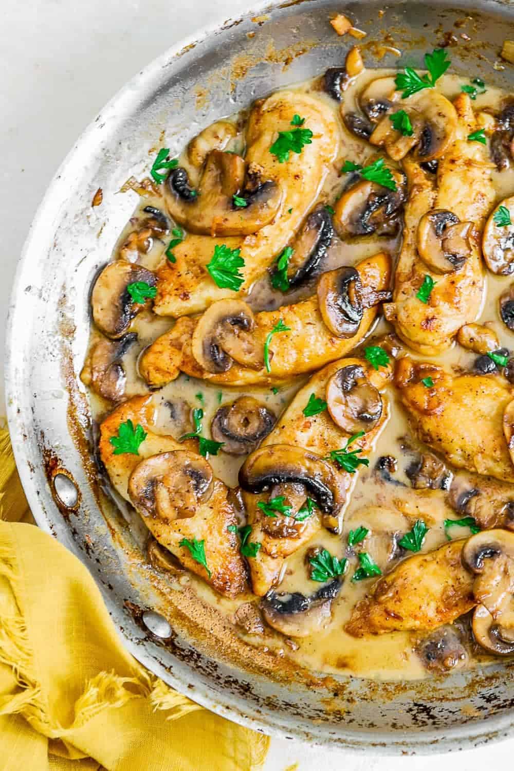 Chicken Marsala ready to serve in a pan