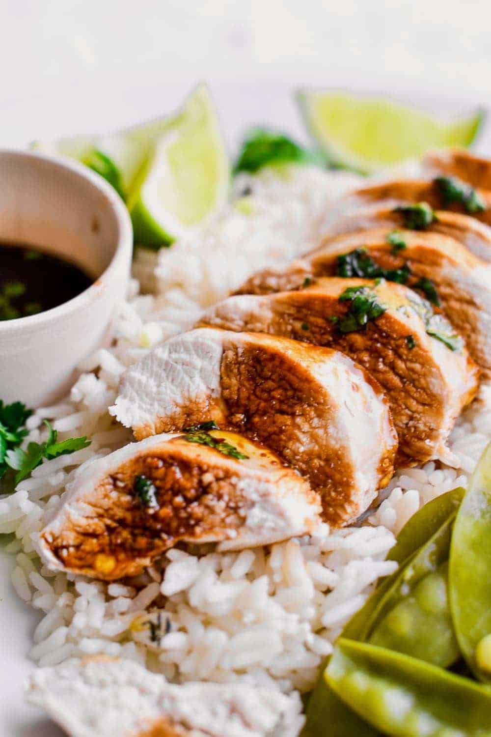 poached chicken with sauce and rice