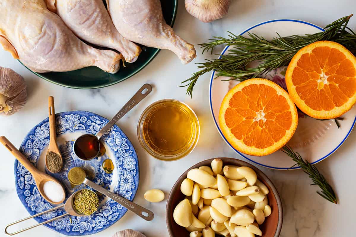 ingredients for chicken with 40 cloves of garlic.